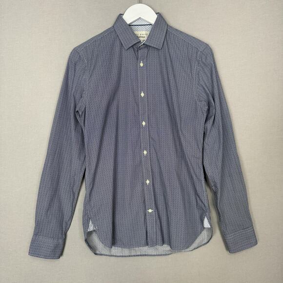 Ted Baker Endurance Shirt Mens 15 Blue Geometric Slim Fit Wavy Printed Retro - Picture 1 of 14